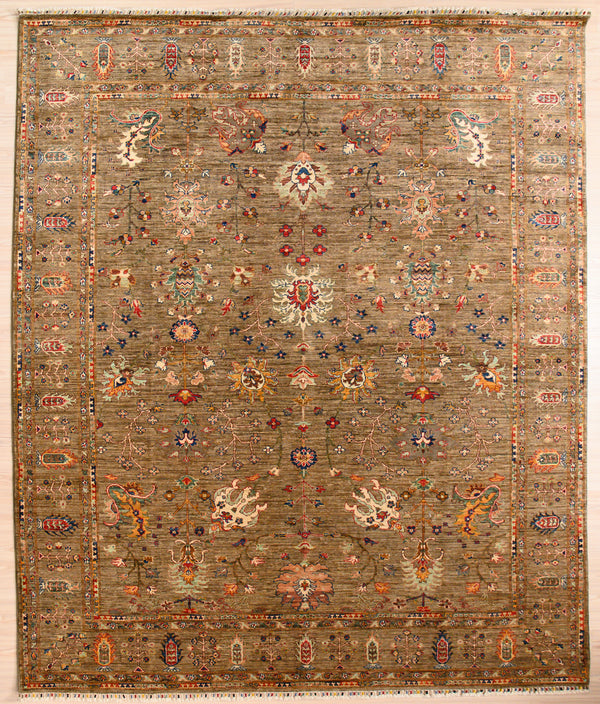Hand knotted Taupe Afghan Sultani Chobi Wool Rug 297cm x 258cm made in Mazar, Northern Afghanistan
A one of-a-kind Baroque feel botanical design bringing a touch of traditional/tribal design in a modern contemporary colour palette
Lovely natural dyes with an array of rustic multicolour tones on a warm taupe background
Background Taupe colour tone made from undyed sheep's wool
Ariana tassels woven on the top and bottom edges, by female turkoman artisans