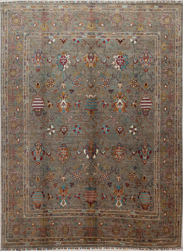 Hand knotted Taupe Afghan Sultani Chobi Wool Rug 296cm x 234cm. A one of-a-kind Baroque feel botanical design bringing a touch of traditional/tribal design in a modern contemporary colour palette
Lovely natural dyes with an array of rustic multicolour tones on a warm grey background
Ariana tassels woven on the top and bottom edges, by female artisans