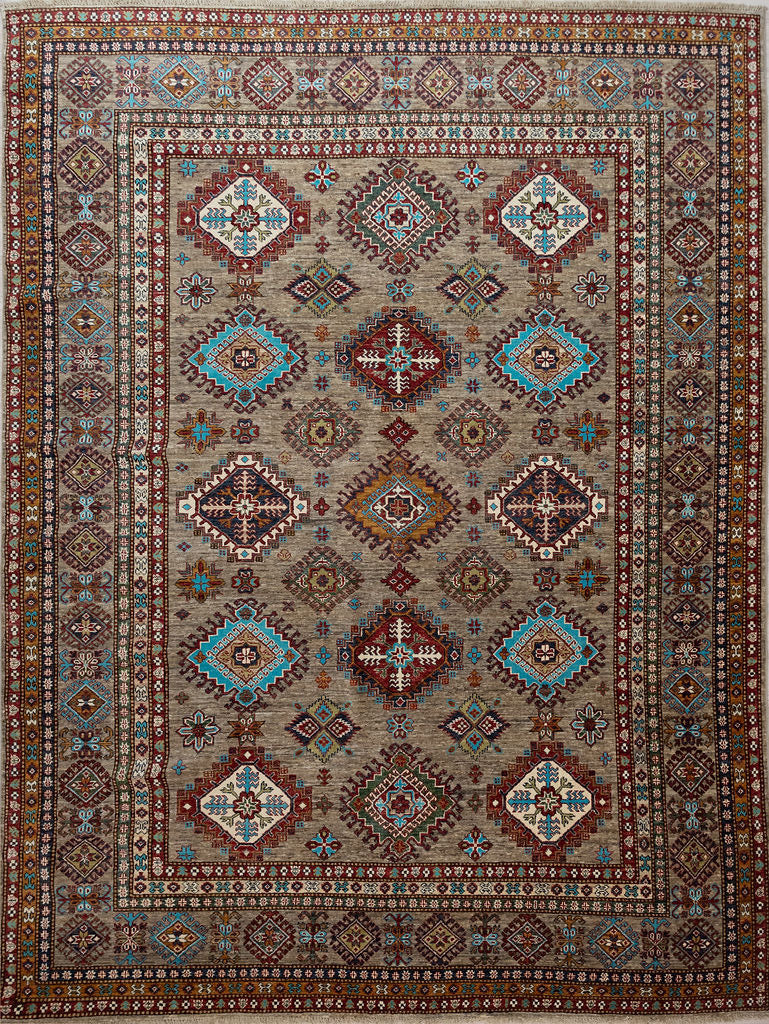Authentic Handknotted Taupe Afghan Super Kazak Wool Rug 310cm x 260cm
A calm practical taupe background jubilant with 15 medallions in tones of bright turquoise, browns golds and contrasting cream.
A satisfying all over symmetrical design.Truly a one of a kind rug made from local wool using vegetable and plant dyes

Woven Using Premium Quality Wool which gives an unrivallled sheen to the Pile