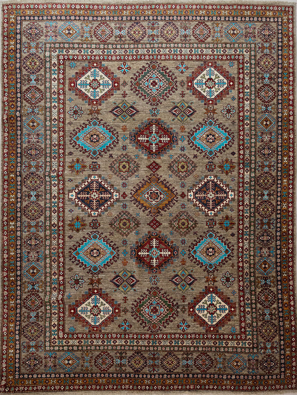 Authentic Handknotted Taupe Afghan Super Kazak Wool Rug 310cm x 260cm
A calm practical taupe background jubilant with 15 medallions in tones of bright turquoise, browns golds and contrasting cream.
A satisfying all over symmetrical design.Truly a one of a kind rug made from local wool using vegetable and plant dyes

Woven Using Premium Quality Wool which gives an unrivallled sheen to the Pile