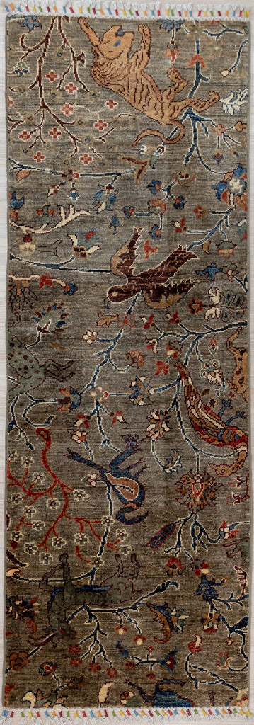 Guaranteed Handknotted Taupe Grey Pictorial Afghan Chobi Wool Runner 176cm x 62cm

Woven in Shebarghan Northern Afghanistan, by artisan families living the original rural lifestyle. This unusual exciting runner depicts flowering trees, wild birds and animals and beasts of prey.&nbsp;
This one-off durable, wear resistant runner protects as well as reducing noise and it is a practical colour for any messy foot traffic.