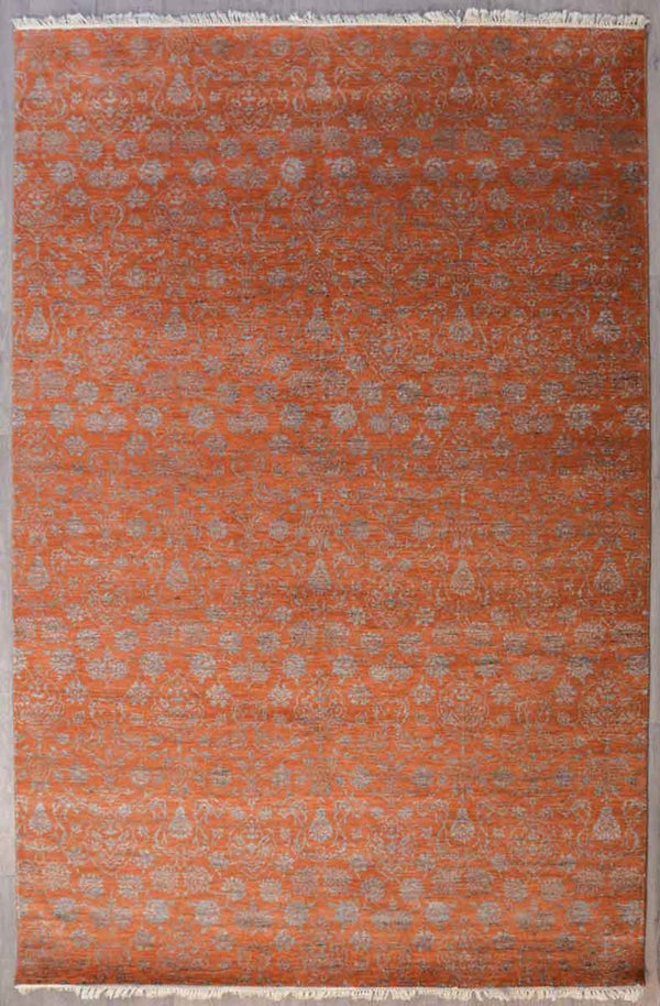 Authentic Hand Knotted Terracotta Modern Surah Wool Rug 298cm x 190cm
Wool and Bamboo silk. Soft refined affordable luxury
Having a light and dark aspect is a trademark of Handmade Rugs

It Has Taken Approximately 5 Months of Weaving to Complete This Piece
Buying direct from Knot n Co as an importer gives you better pricing and quicker delivery times