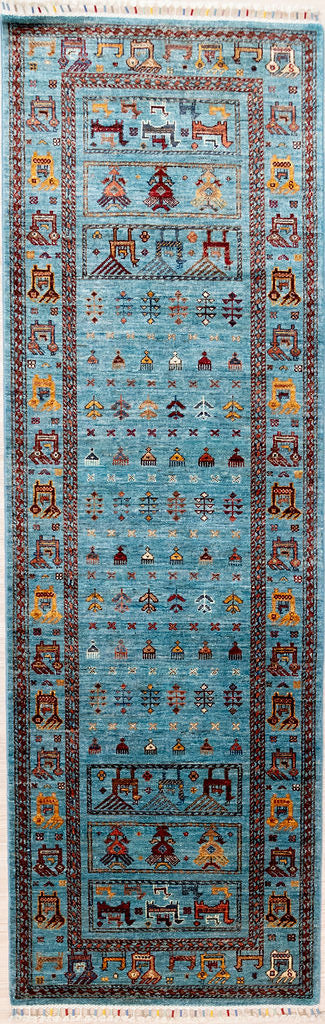 Authentic Hand Woven Turquoise Blue Fine Afghan Khurjin Chobi Runner 257cm x 83cm for a medium hallway.

Enjoy this lovely khurjin style runner in a fashionable light Turquoise. This rug also  features rural pictorial designs with figures and animals.
Colour tones all made from locally sourced vegetable dyes

Having a light and darker aspect is a trademark of Handmade Rugs
Durable and Wear Resistant Suitable for High Traffic Areas