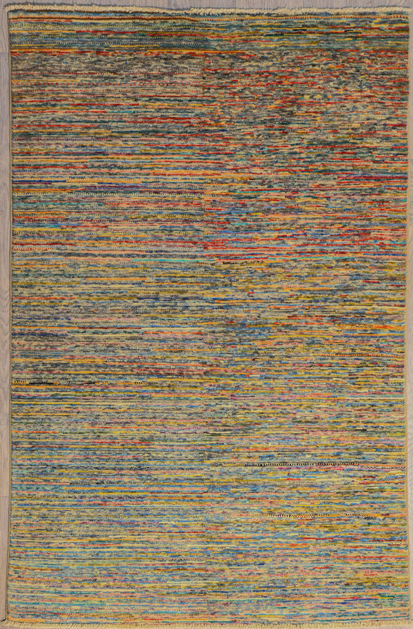 Authentic Handknotted Wool Afghan Stripey Chobi woven in Central Asia using recylced wool. Modern minimalist design.