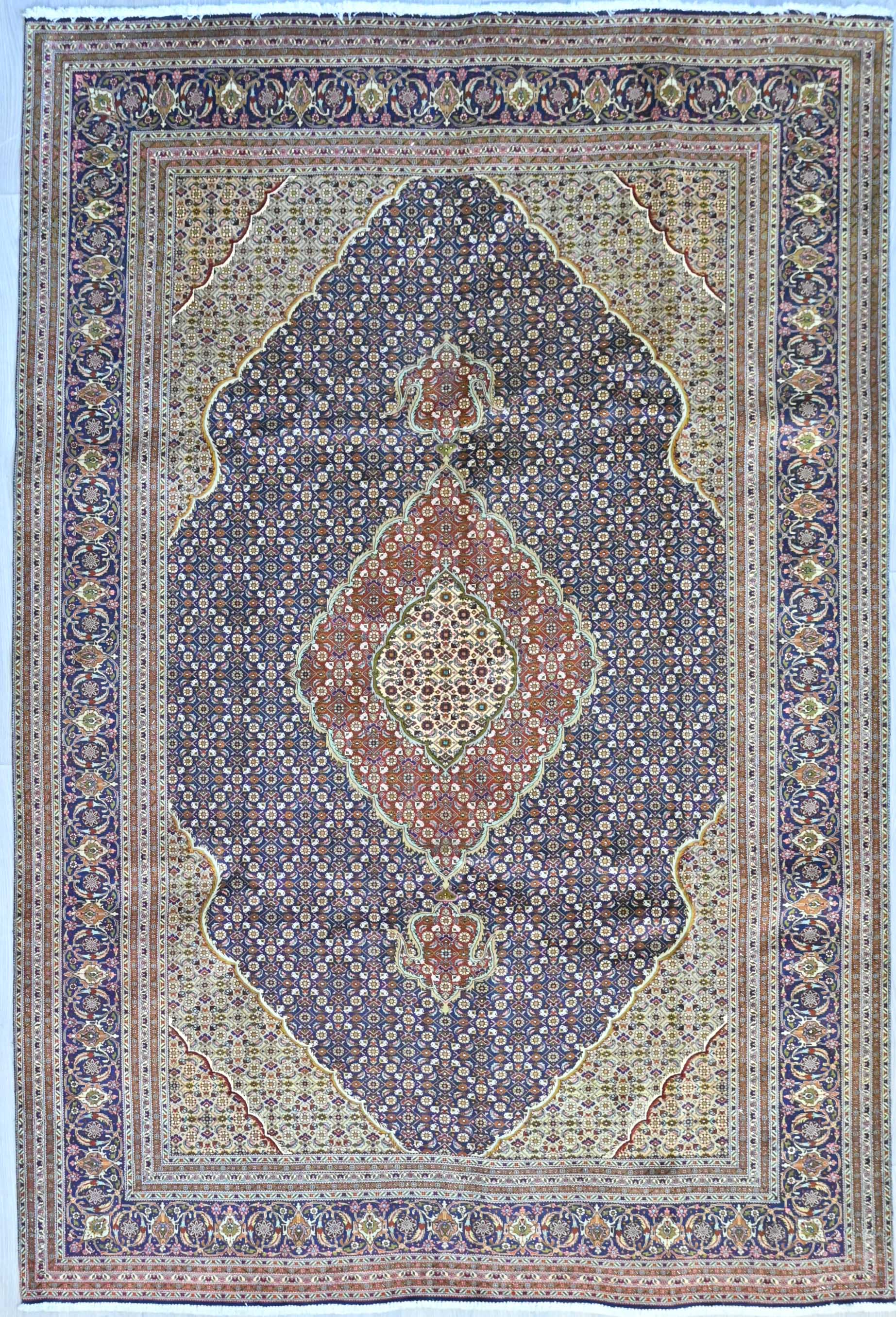 Very Fine Silk and Wool Persian Tabriz Handknotted Navy Blue  and  biege Tones. Long lasing rug