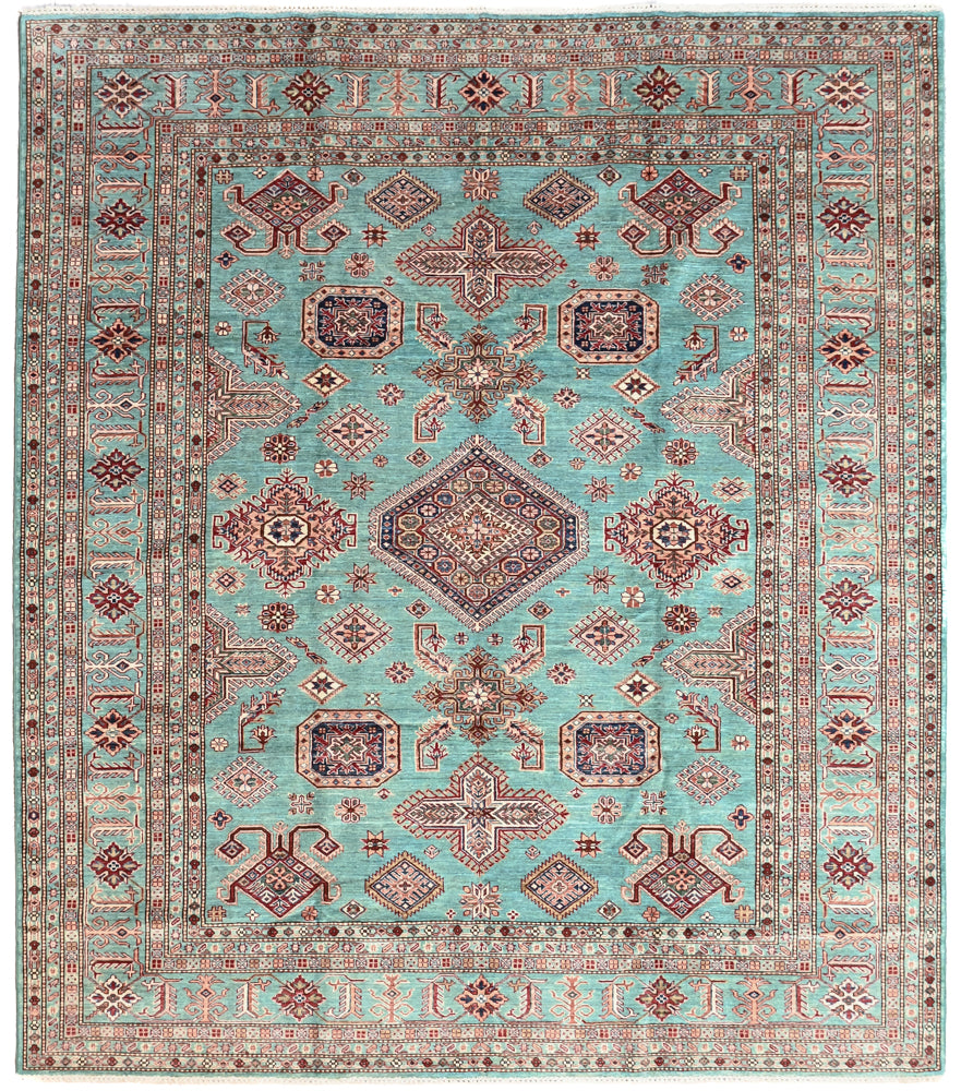 Authentic Handknotted Very Fine Turquoise Afghan Super Kazak Wool Rug 295cm x 258cm
Stunning Aztec style Design Super Kazak rug with Turquoise tones all over made from local vegetable &amp; plant dyes
Truly a one of a kind rug unmatched in design and colour