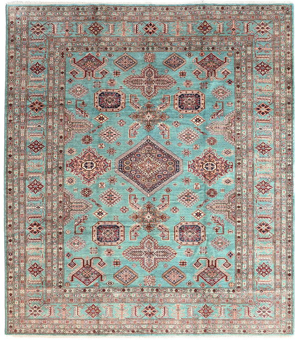 Authentic Handknotted Very Fine Turquoise Afghan Super Kazak Wool Rug 295cm x 258cm
Stunning Aztec style Design Super Kazak rug with Turquoise tones all over made from local vegetable &amp; plant dyes
Truly a one of a kind rug unmatched in design and colour