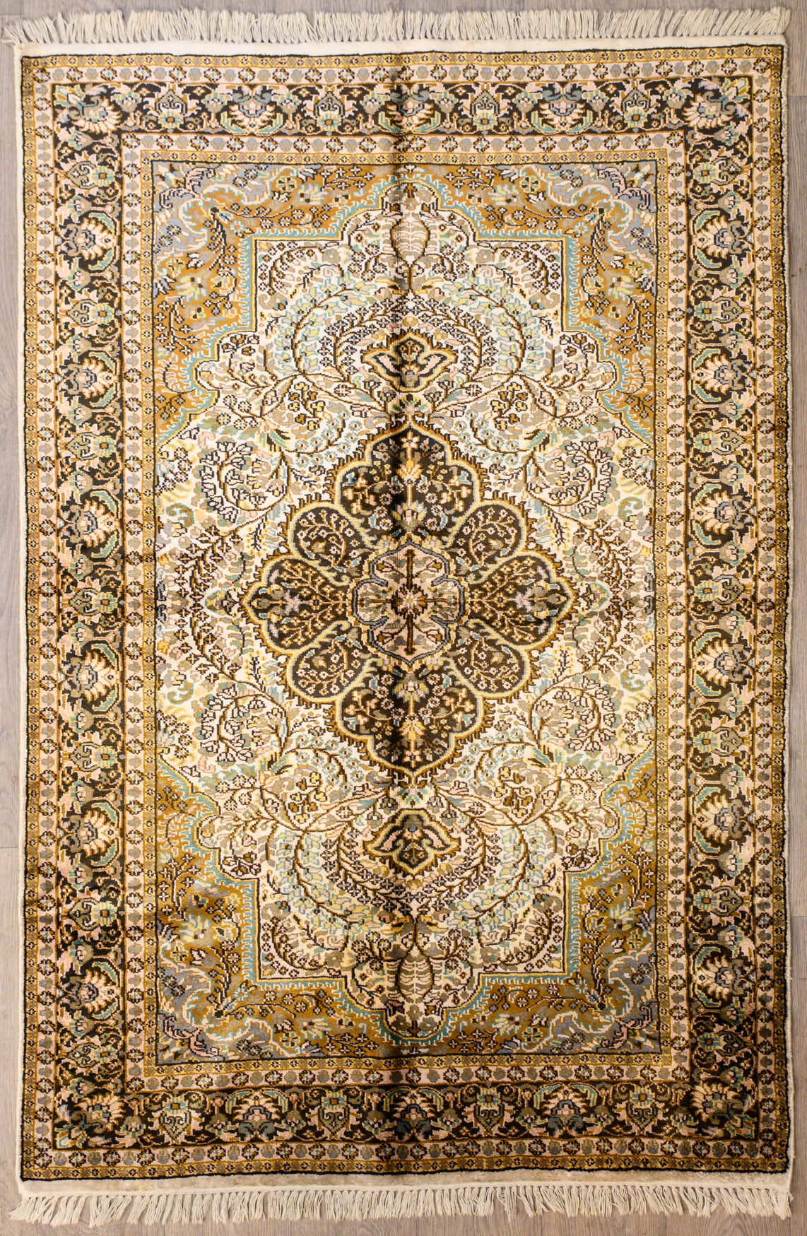 Beautiful vintage Kashmiri silk in wool rug for low traffic areas
