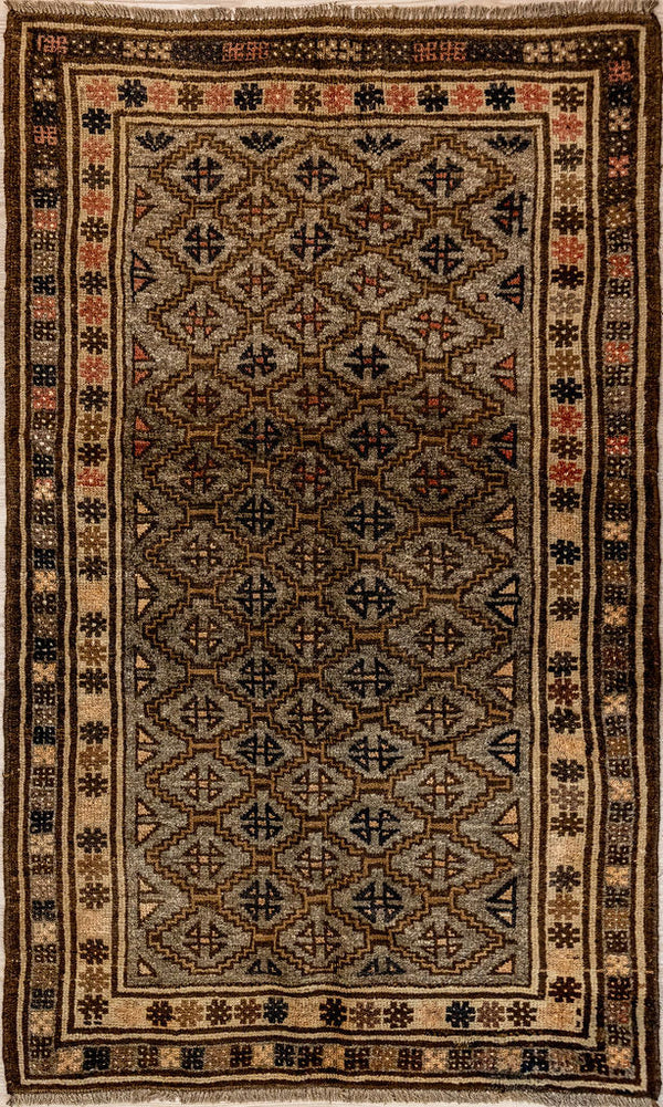 Authentic Hand Knotted Vintage Morrocan Baluchi Wool Rug 160cm x 98cm.
Colour tones muted over the decades showing motifs and colours typical of North Africa this unusual rug suits modern or midcentury themes.