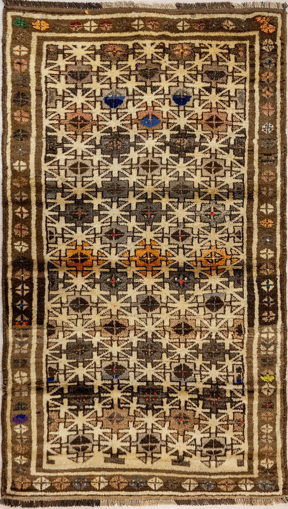 &nbsp;Authentic Hand Knotted Vintage Morrocan Baluchi Wool Rug 151cm x 88cm 
Colour tones muted over the decades showing motifs and colours typical of North Africa this unusual rug suits modern or midcentury themes.
Having a light and darker aspect is a trademark of Handmade Rugs
Durable and Wear Resistant Suitable for High Traffic area