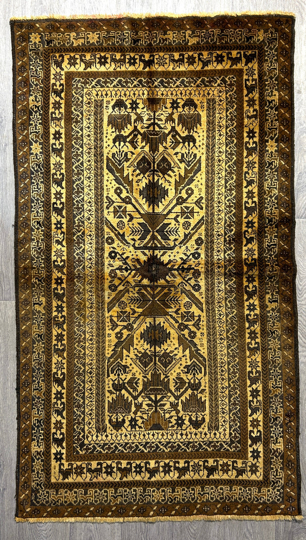 Authentic Handknotted Vintage Persian Baluchi Wool Rug Woven in the 1980's 193cm x 110cm
Fascinating and intricate motifs on multiple borders makes this an engaging piece which your eye will want to return to again and again.
Earthy palette tones made with natural dyes and natural sheep wool colours.