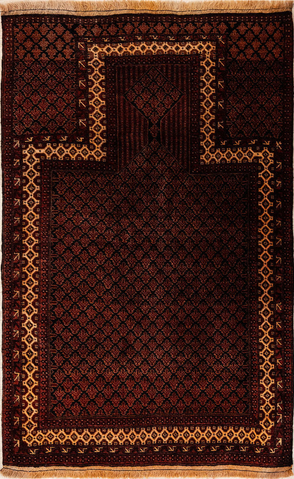 Authentic Hand Knotted Vintage Persian Baluchi Wool Rug 155cm x 98cm Woven in Central Asia
Colour tones retained over the decades, this a rich and beautiful but modest prayer rug design