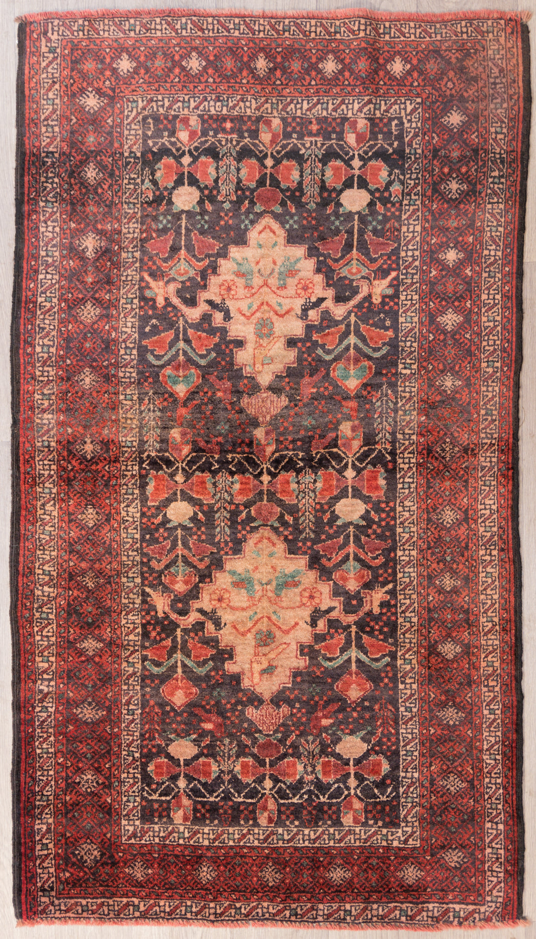Authentic Hand knotted Vintage Persian Baluchi Wool Rug c.1960's 181cm x 100cm
Woven by the Baluchi tribe of artisans&nbsp;
