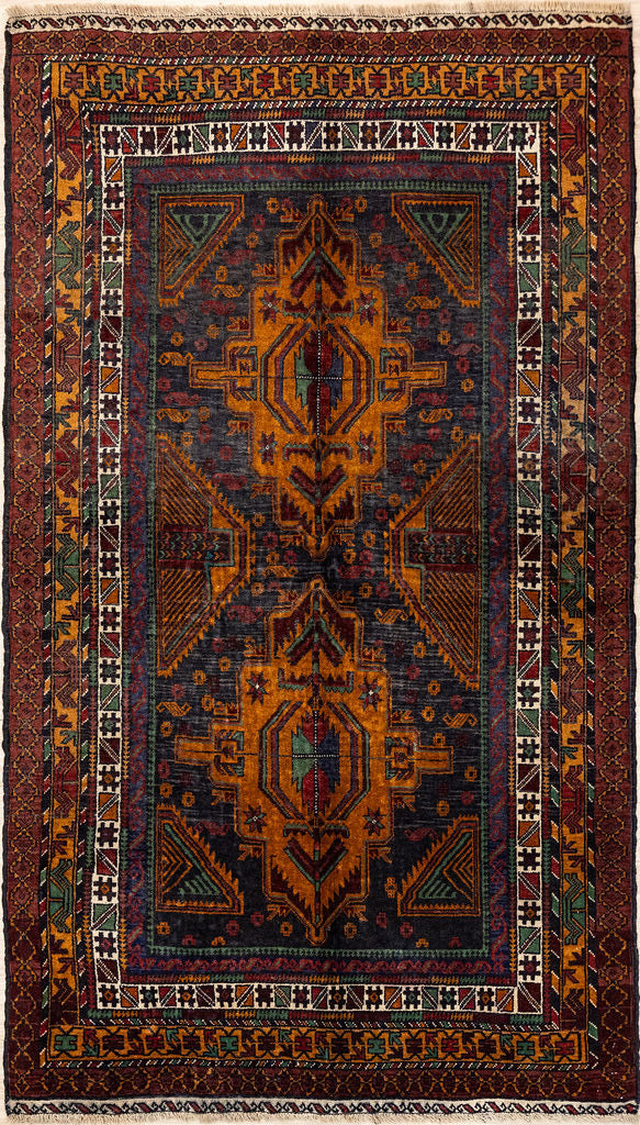&nbsp;Authentic Hand Knotted Vintage Persian Baluchi Wool Rug 190cm x 108cm Woven in the 1960's in Central Asia
Colour tones muted over the decades, woolen pile reduced indicating the semi-antique lifespan of this rug. This lovely rug features glowing sienna field, greens and dark red hues and delicate cream inner border