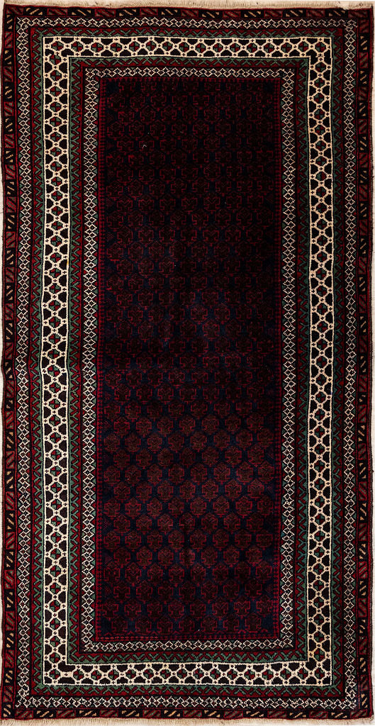 Authentic Hand Knotted Vintage Persian Baluchi Wool Rug 192cm x 88cm. Woven in Central Asia
Colour tones retained over the decades, this is a rich and beautiful but restrained and fine detailed geometric rug design featuring many small gul motifs in the central field. It has also geometric themes in the ornate cream accented borders.
This is 100 percent the weavers choice of design from tradition and memory,
