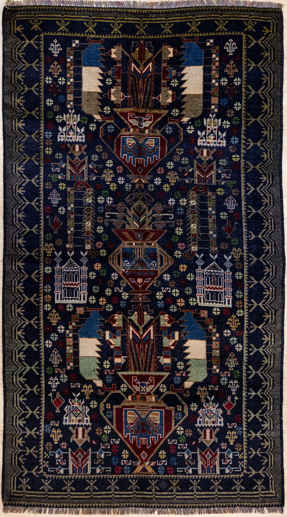 Authentic Hand Knotted Vintage Persian Baluchi Wool Rug 178cm x 96cm
Woven in Central Asia
From our curated collection of unusual and surprising designs, Though not in tranditional Vis rug colours, this piece suggests references to the towers of fire.
This is 100 percent the weavers choice of design from tradition and memory,