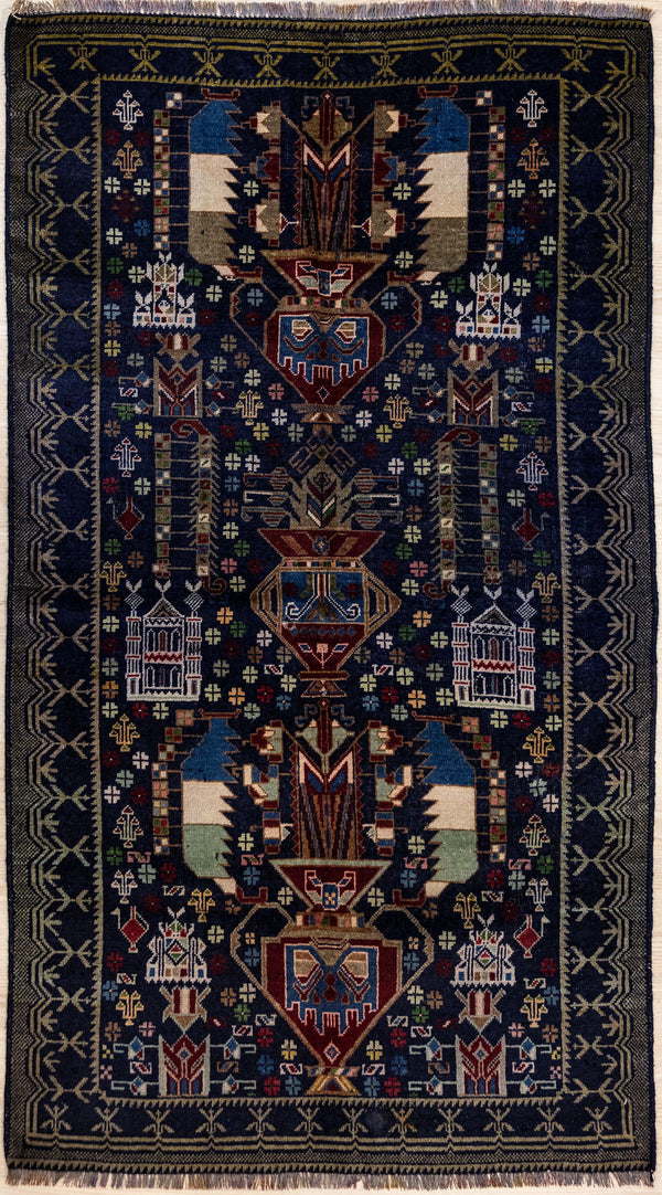 Authentic Hand Knotted Vintage Persian Baluchi Wool Rug 178cm x 96cm
Woven in Central Asia
From our curated collection of unusual and surprising designs, Though not in tranditional Vis rug colours, this piece suggests references to the towers of fire.
This is 100 percent the weavers choice of design from tradition and memory,