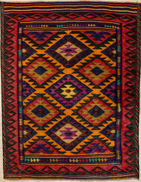 Authentic Handknotted Vintage Persian Kilim 210cm x 162cm.
Kilims are a flat-weave rug used for over a millennium in Tribal areas of Central Asia or Anatolia. Historically used by nomads as tent floor covering, able to be carried on horseback because of its lightweight nature
Great for a summer rug or in rural or coastal setting&nbsp;
With bold saturated tones and complex borders each one off design brings more character into your interior