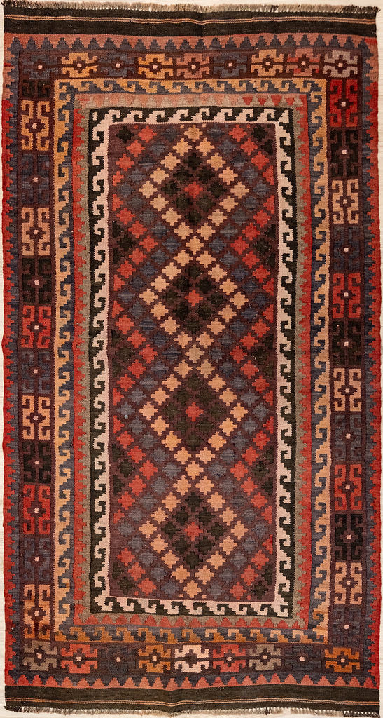 Authentic Handknotted Vintage Persian Wool Kilim 190cm x 105cm
Strong colours made with natural dyes such as madder root. Suits Boho, modern or MCM interiors.
Lovely rug with hook latch and meander motifs. As a finishing touch , double borders, on each end.
Durable and Wear Resistant Suitable for High Traffic Areas