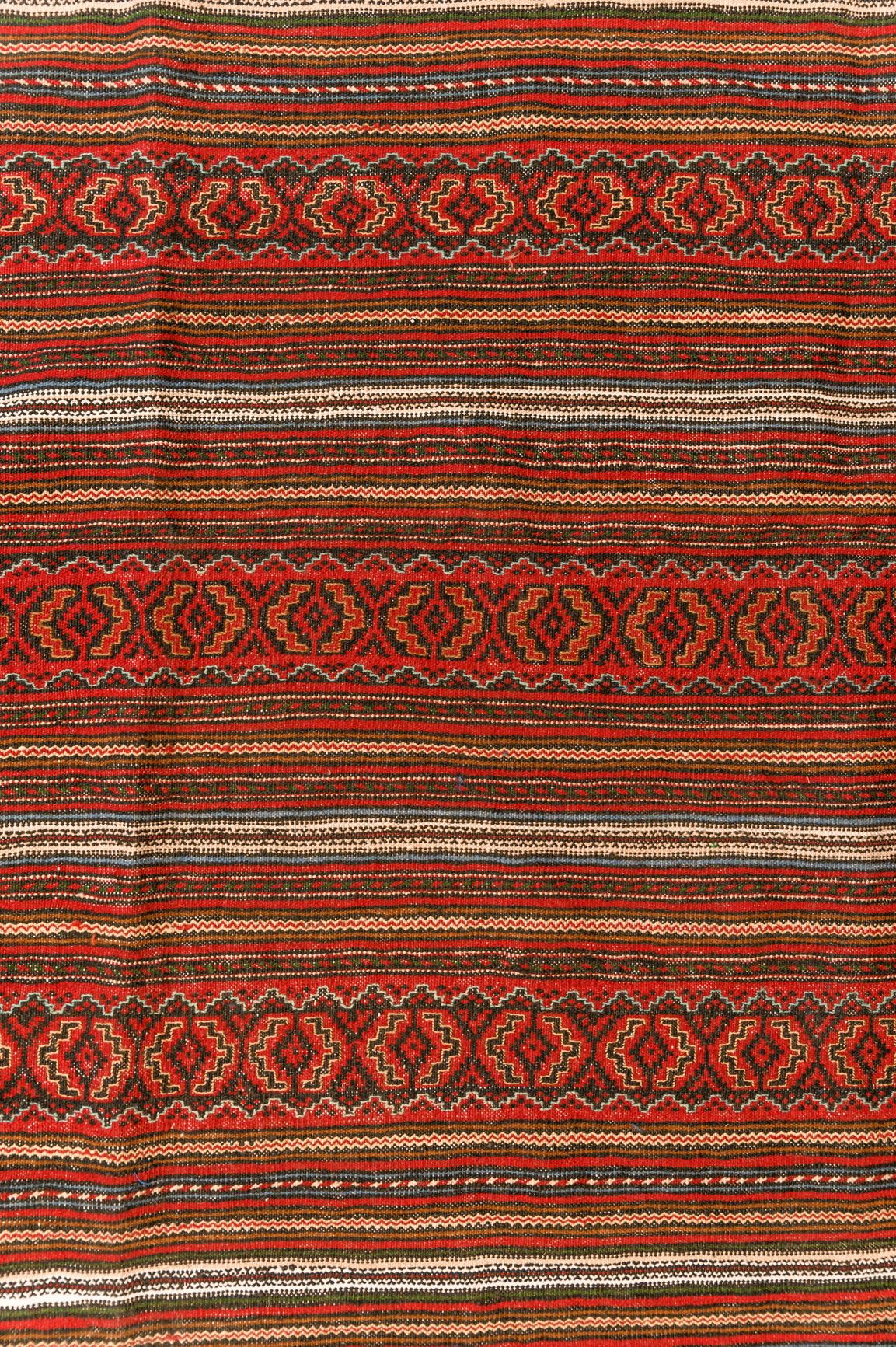 Authentic hand made Vintage Persian Wool Sumak 177cm x 151cm

Colour dyes made from Indigo and other local ground herbs &amp; local berries
Durable and Wear Resistant. Has more weight than kilim and hugs floor
Interesting stripes in complex woven patterns with cream accents.
It Has Taken Approximately 3 Months of Weaving to Complete.