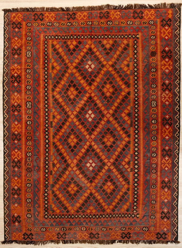 Authentic Hand Knotted Vintage c.1960's Persian Wool Kilim 253cm x 203 cm. This beautiful midcentury weaving with smalll geometric shapes looks almost mosaic like, and has four borders complementing the centre design.The colour tones have aged gracefully over the decades and the wool softens