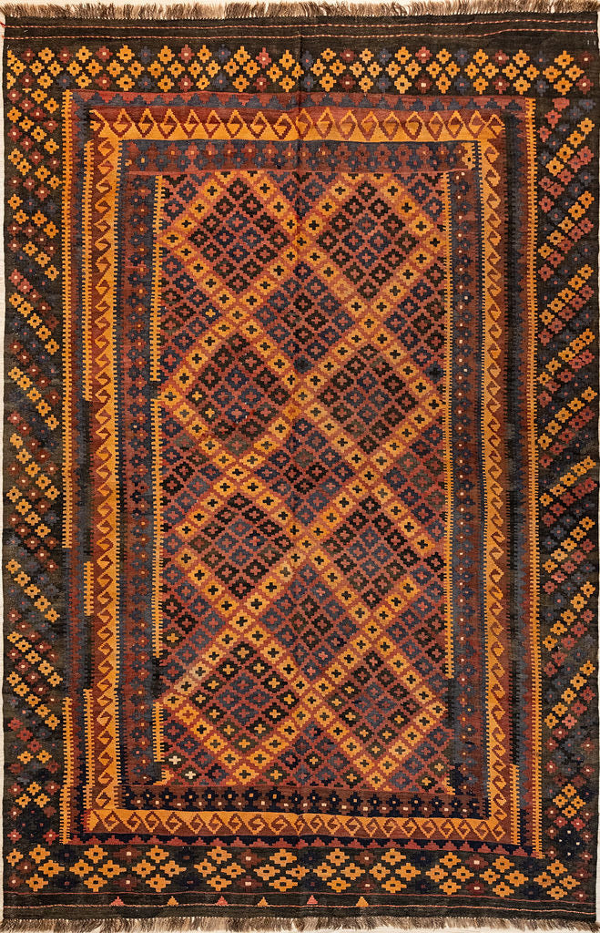Authentic Handknotted Vintage Persian Kilim 289cm x 190cm 
Aged gracefully and in immaculate condition Kilims are a flat-weave rug used for over a millennium in Tribal areas of Central Asia. Historically used by nomads as floor covering, tent covering and carried on horseback for its lightweight nature. With its subtle browns ,orange and tan colours will fit with modern or mid century themes
 