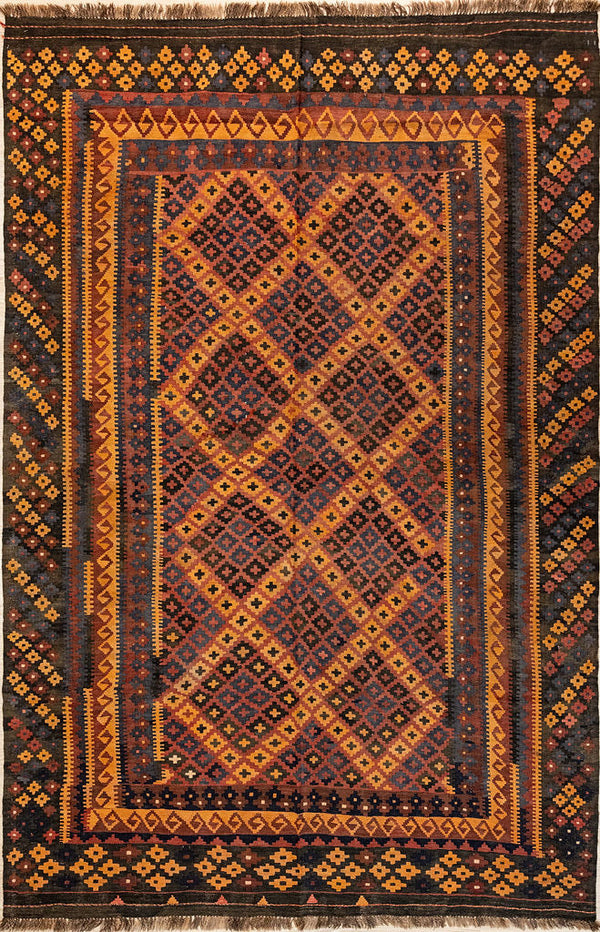 Authentic Handknotted Vintage Persian Kilim 289cm x 190cm 
Aged gracefully and in immaculate condition Kilims are a flat-weave rug used for over a millennium in Tribal areas of Central Asia. Historically used by nomads as floor covering, tent covering and carried on horseback for its lightweight nature. With its subtle browns ,orange and tan colours will fit with modern or mid century themes
 