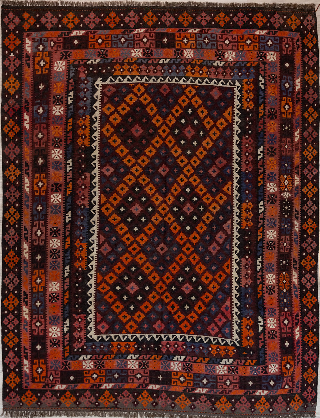 Authentic Handknotted Vintage c1960's Persian Wool Kilim 289cm x 240cm
In popular midcentury colours of earthy browns and orange this rug has a cross hatched centre field and 7 elaborate borders, starting with a latch hook border in cream. Kilim designs often reference the tools of weaving such as the spindle or latch hook
The colour tones have aged gracefully over the decades and the wool softened
Kilims are a flatweave reversible rug used for over a millennium by the nomadic tribes of Central Asia