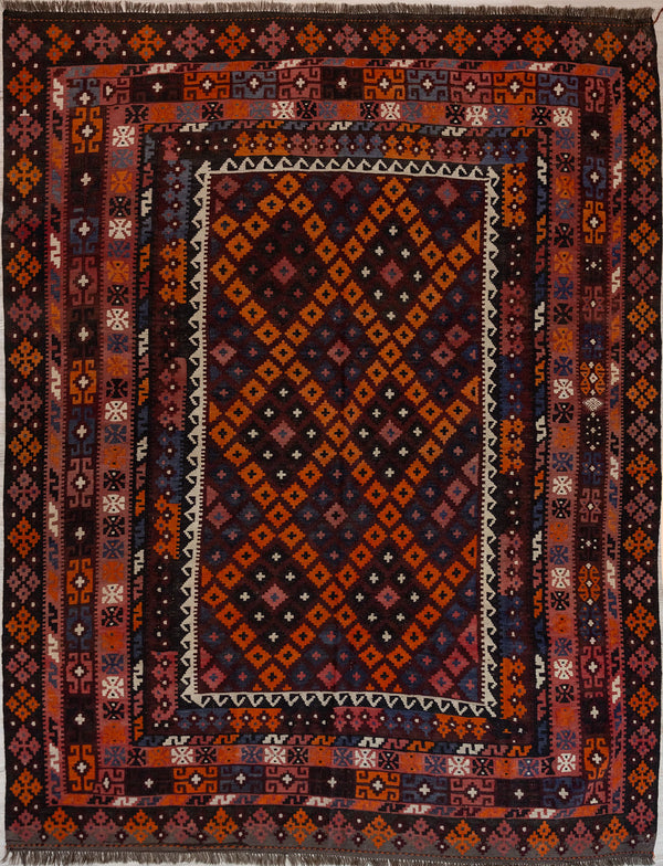 Authentic Handknotted Vintage c1960's Persian Wool Kilim 289cm x 240cm
In popular midcentury colours of earthy browns and orange this rug has a cross hatched centre field and 7 elaborate borders, starting with a latch hook border in cream. Kilim designs often reference the tools of weaving such as the spindle or latch hook
The colour tones have aged gracefully over the decades and the wool softened
Kilims are a flatweave reversible rug used for over a millennium by the nomadic tribes of Central Asia