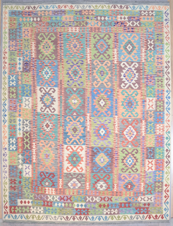 Authentic Handknotted XL Multicolour Green Afghan Boho Kilim Wool Rug 394cm x 298cm