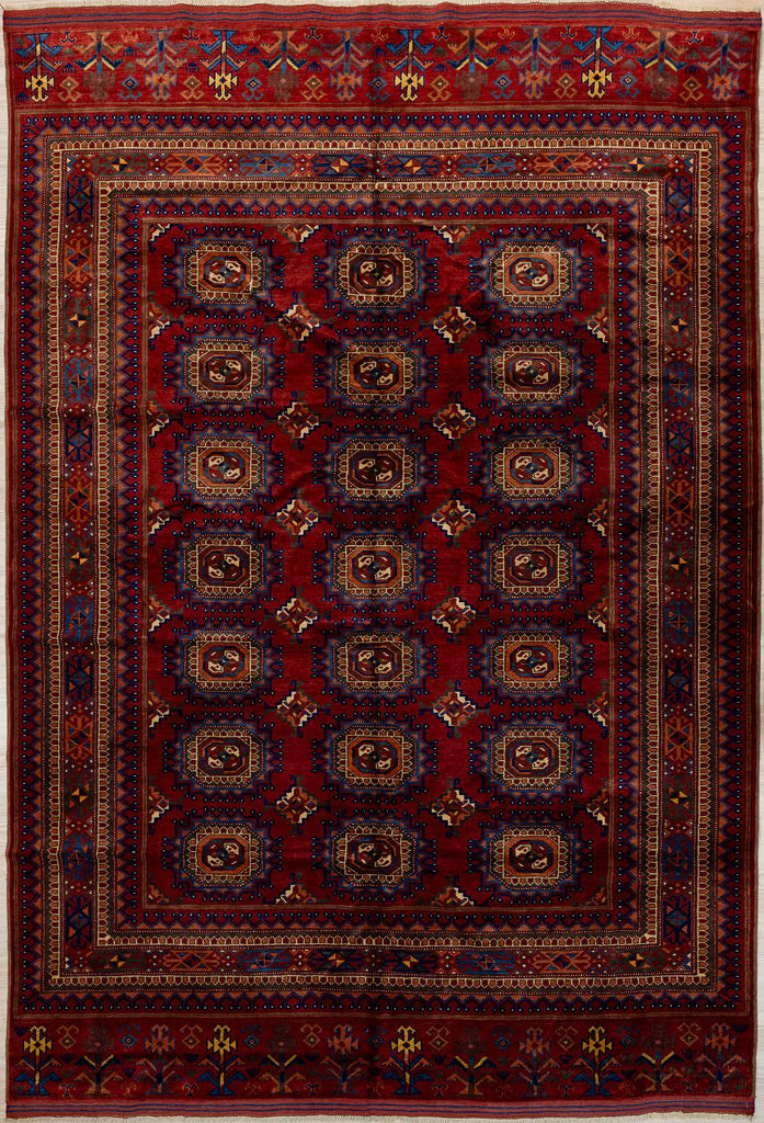 Authentic Hand knotted Red Afghan Kundus Wool Rug 260cm x 173cm&nbsp;&nbsp;intricately woven

Hand made by traditional Turkoman artisans in Northern Afghanistan, in fine condition.
Unique Kundus design with many geometric lace edged medallions laid out over a rusty red background the designs are highlighted in blues, greens , orange and cream.
Colour tones all made from natural veg dyes including madder root and locally sourced pomegranates - a fruit existing in the region of Kandahar since ancient ti