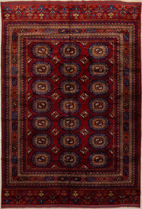 Authentic Hand knotted Red Afghan Kundus Wool Rug 260cm x 173cm&nbsp;&nbsp;intricately woven

Hand made by traditional Turkoman artisans in Northern Afghanistan, in fine condition.
Unique Kundus design with many geometric lace edged medallions laid out over a rusty red background the designs are highlighted in blues, greens , orange and cream.
Colour tones all made from natural veg dyes including madder root and locally sourced pomegranates - a fruit existing in the region of Kandahar since ancient ti