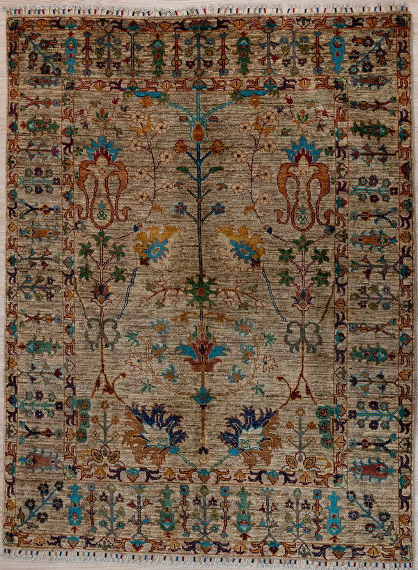 Authentic Hand knotted taupe Afghan Chobi Wool Rug &nbsp;196cm x 148cm woven in Central Asia.
A unique symmetrical botanical theme all over with contemporary spring to summer theme. showing mountqin vegetation in various seasonal garb