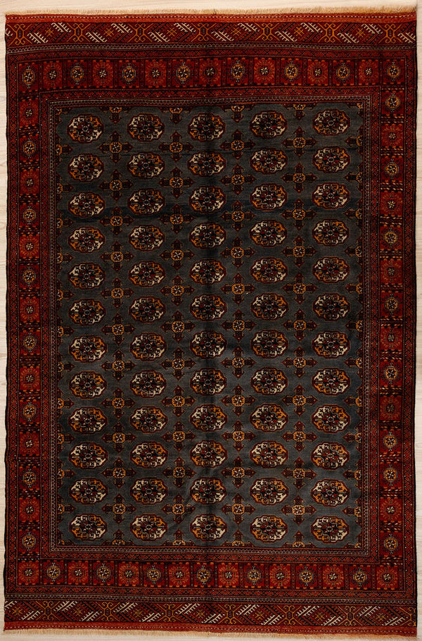 Authentic handknotted Vintage Afghan Bokhara Wool Rug 293cm x 200cm

The elegant repeating Bokhara motifs or Guls are slightly different in design in each unique rug and functioned like a weaver's signature.&nbsp;
This unusual vintage rug rug has a natural sheep coloured charcoal background.
Having a light and dark aspect is a trademark of Handmade Rugs
Durable and Wear Resistant Suitable for High Traffic Areas