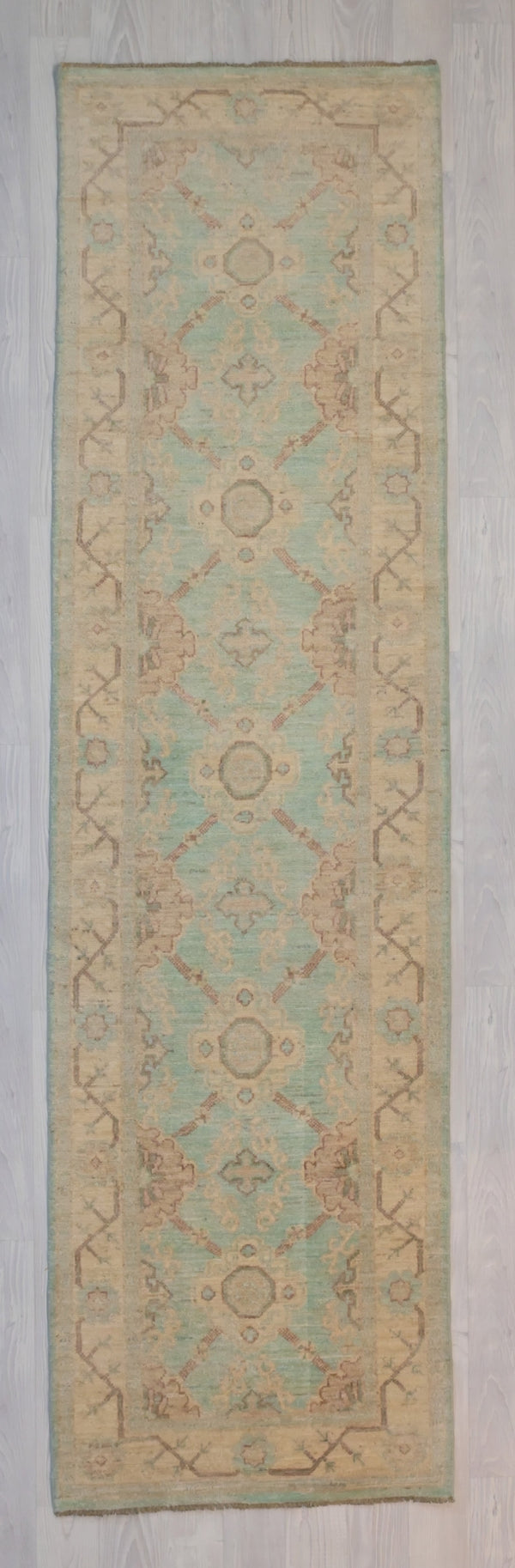 Cyan Afghan Chobi Runner 294cm x 80cm Authentic Handknotted Cyan Afghan Chobi Runner 294cm x 80cm
Has a lovely rare light turquoise or cyan background and all other shades are natural dye colours