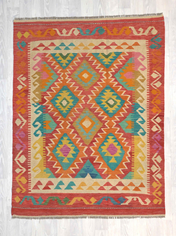 Handknotted Boho Afghan Kilim with Red Tones (176H x 153W)