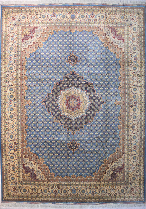 XL Finely Handwoven Tabriz Design Belgick  Wool Rug with Blue Center (400H x 294W)