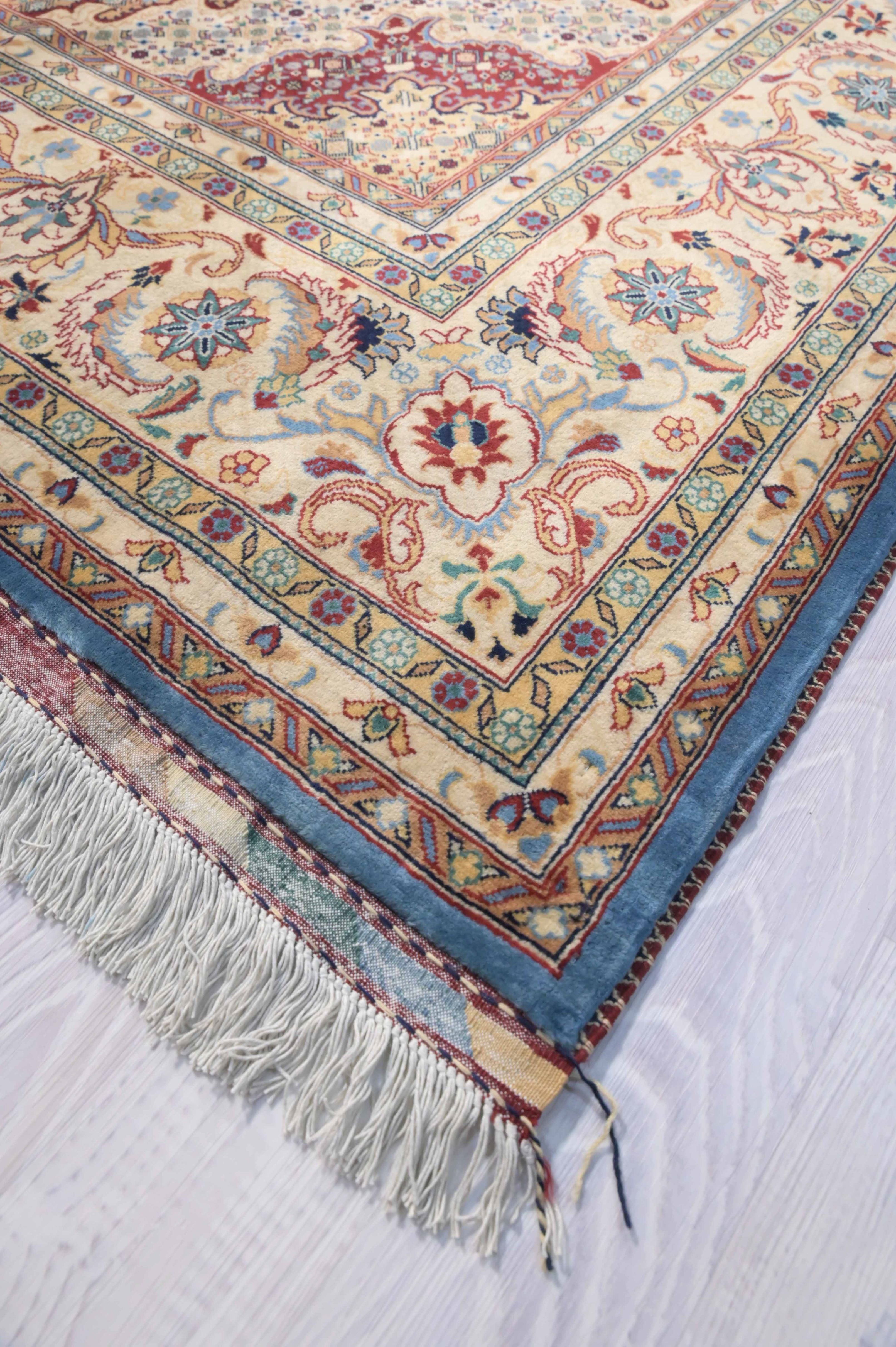 XL Finely Handwoven Tabriz Design Belgick  Wool Rug with Blue Center (400H x 294W)