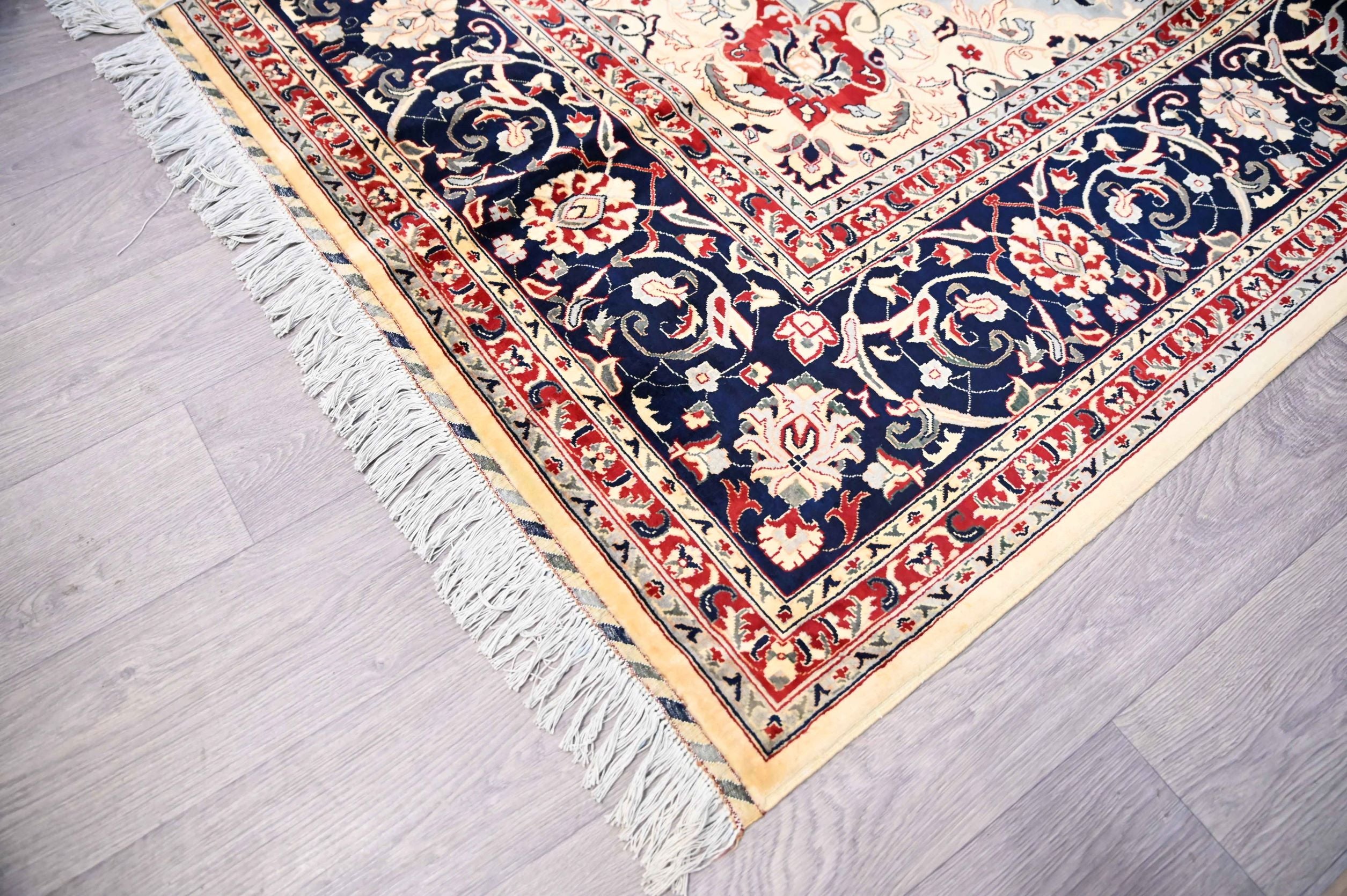 Finely Handwoven  Afghan Beljick, Nain Design with Cream Centre with Dark Navy Border (387H x 305w)