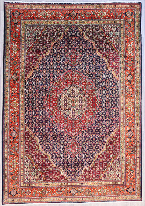 Very Finely Handwoven Thin Pile Persian Tabriz with Orange and Navy Tones - (280H x 194W)