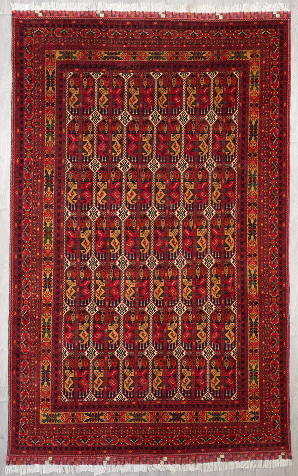 Handknotted Wool Rare Design Afghan Kundus Rug w/Red, Beige & Green Tones - (301H x 193W)