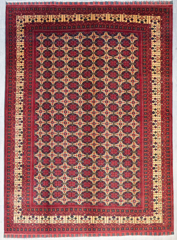 Finely Handwoven Afghan Kunduzi w/ Symmetrical Red and Green Pattern All-over - (352H x 251W)