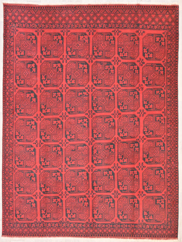 Rare Design Afghan Filpa Turkoman Handknotted Woollen Rug w/ Red and Dark Navy Tones - (350H x 250W)