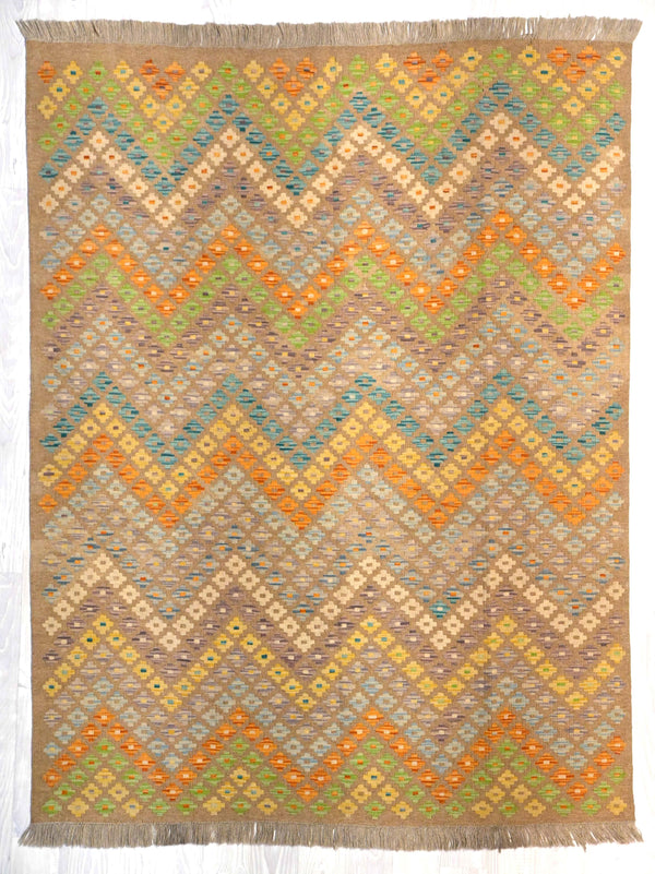 Handknotted Boho Afghan Kilim with Natural Tones (203H x 155W)