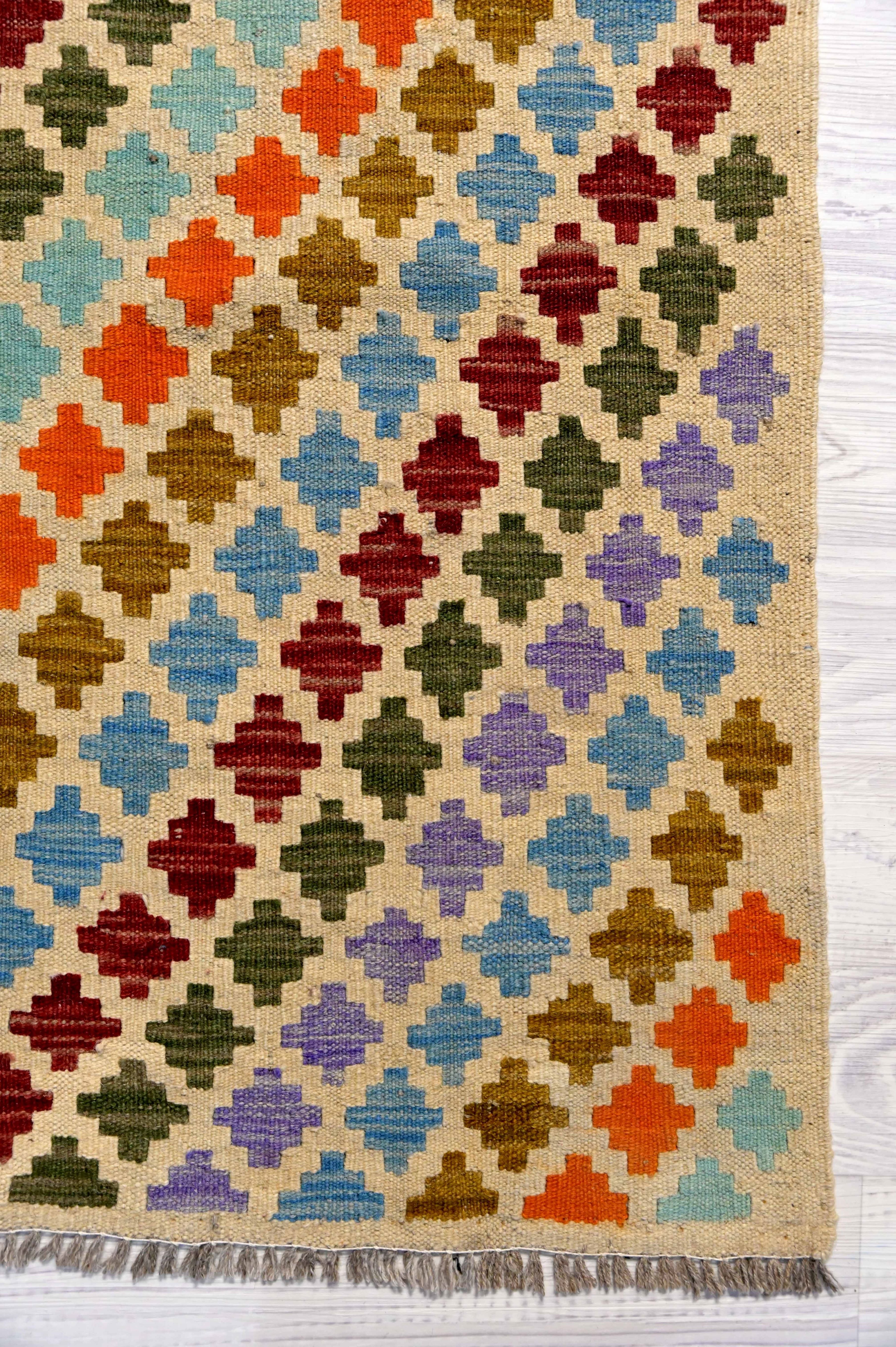 Handknotted Pure Wool Boho Afghan Kilim with Multicolour Patterns (199H x 146W)