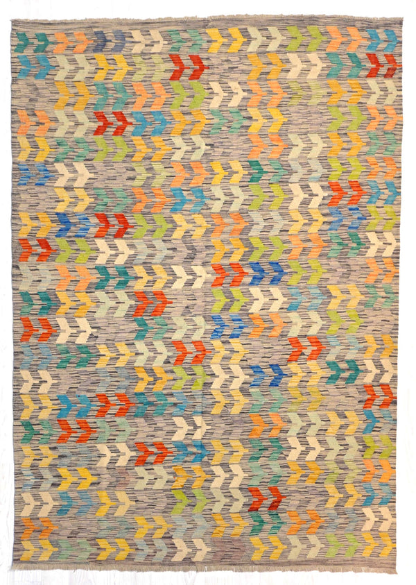 Handwoven Boho Afghan Kilim Rug with Summery tones on Grey (250H x 176W)