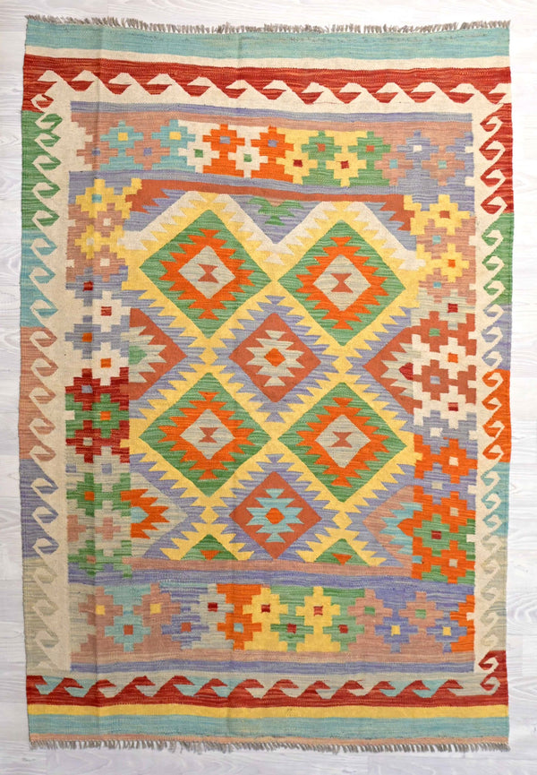 Handwoven Boho Afghan Kilim Rug with Multicolour patterns (208H x 145w)