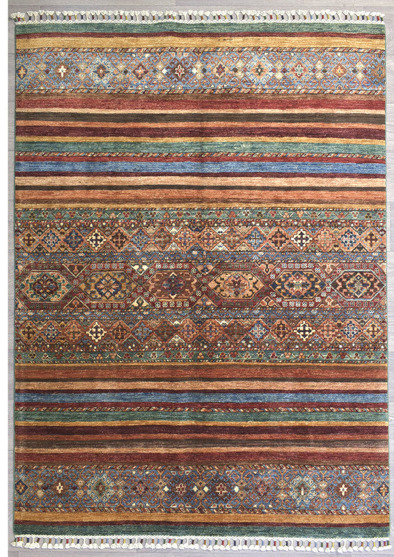 Khurjin Veg Dye Chobi Rug (150w x 209h)Guaranteed Original Handknotted Rug woven in Central Asia Design inspired by antique saddlebag designs. Rug Multicoloured non toxic dyes.