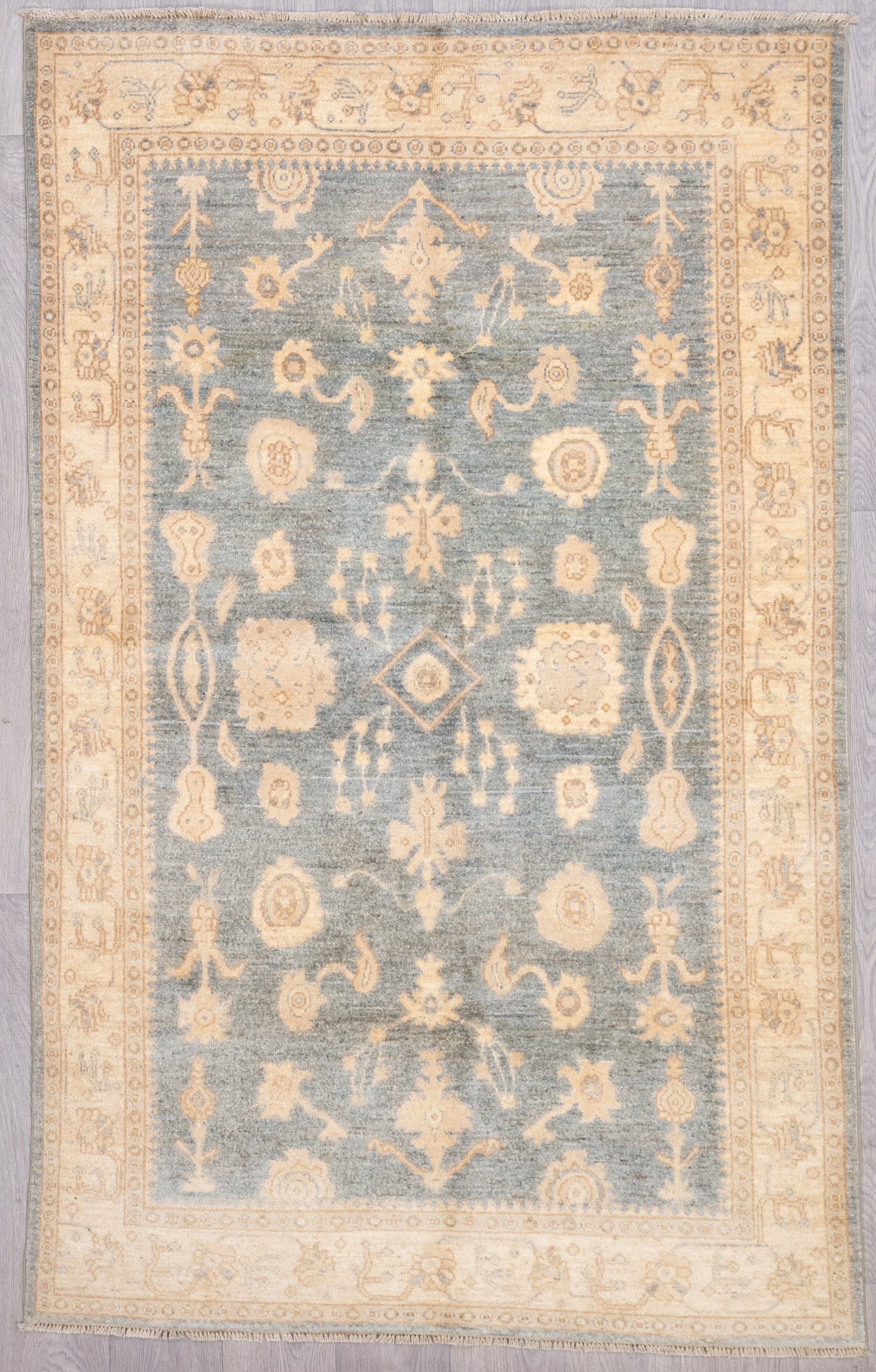 Muted Blue Afghan Chobi Wool Rug 227cm x 143cm Guaranteed Original Veg Dye Handwoven Afghan Chobi Rug In muted tones of  Beige and muted indigo. Woven in Central Asia