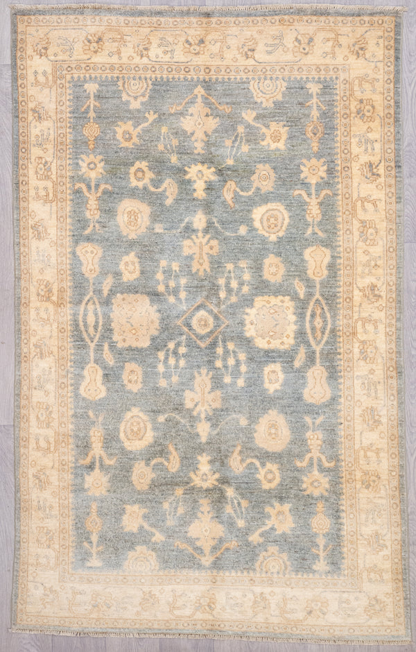 Muted Blue Afghan Chobi Wool Rug 227cm x 143cm Guaranteed Original Veg Dye Handwoven Afghan Chobi Rug In muted tones of  Beige and muted indigo. Woven in Central Asia